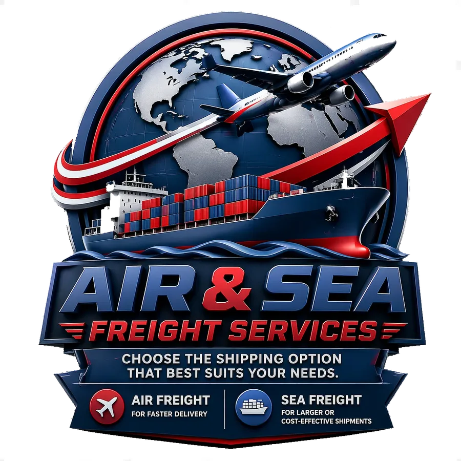 Air and sea freight emblem with a cargo plane and container ship circling the globe