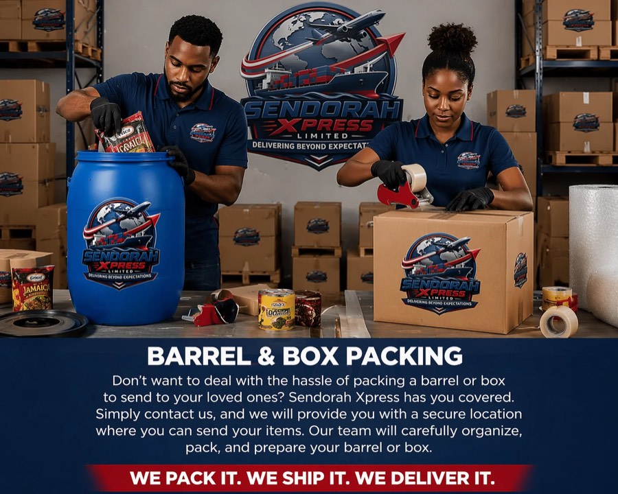 Sendorah Xpress staff packing a barrel and taping a box in the warehouse