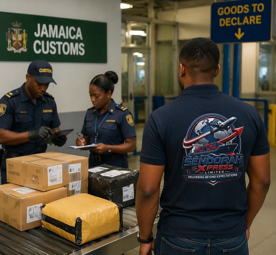 Jamaica Customs officers inspecting packages while a Sendorah Xpress agent assists