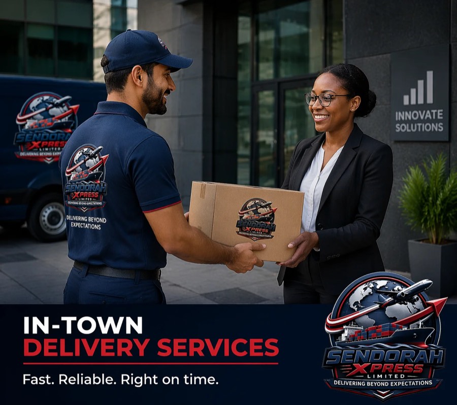 Sendorah Xpress courier hand-delivering a package to a customer outside her office