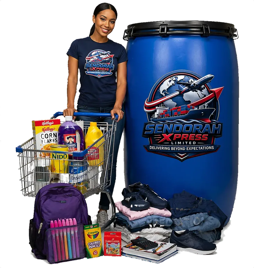 Shopper with a full cart of groceries and school supplies beside a Sendorah Xpress barrel