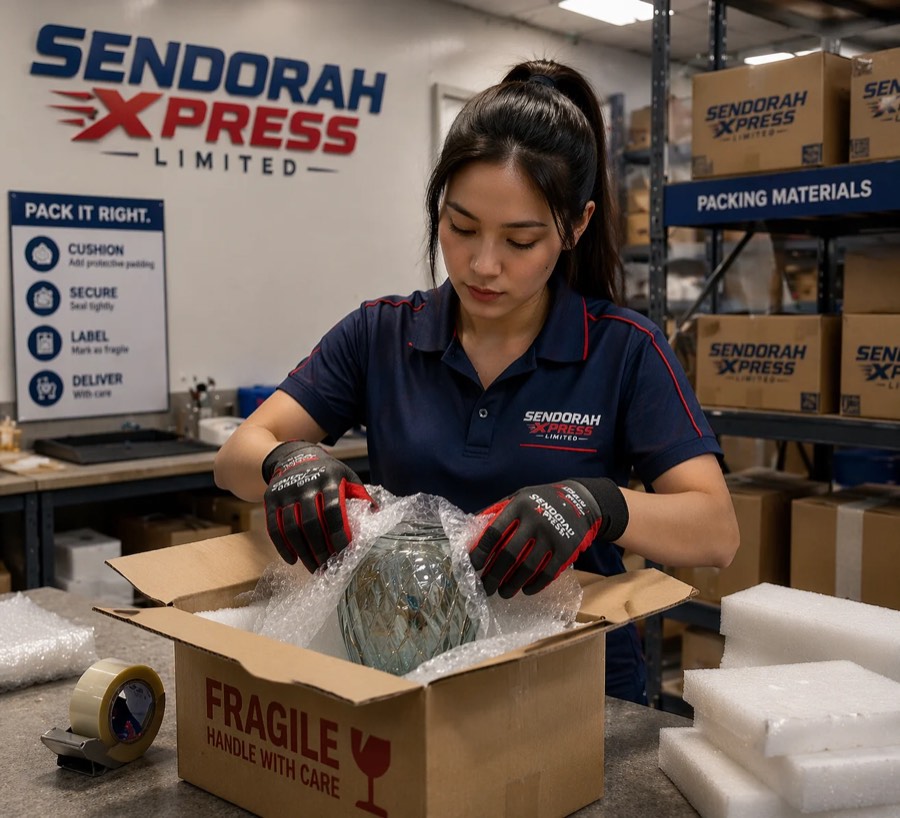 Sendorah Xpress team member wrapping a fragile glass item in bubble wrap