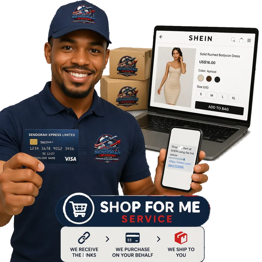 Sendorah Xpress team member holding the company card used for Shop For Me purchases